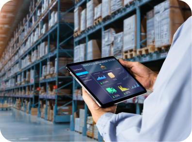 A person holding a tablet while making reports at Lofte's Marine Logistics facility, ensuring accurate detailed monitoring and reporting